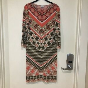 London Times Pink & Green Printed Long Sleeve Mini Dress Size 10